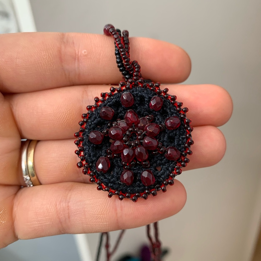 Red and Black Beads and Crochet Necklace